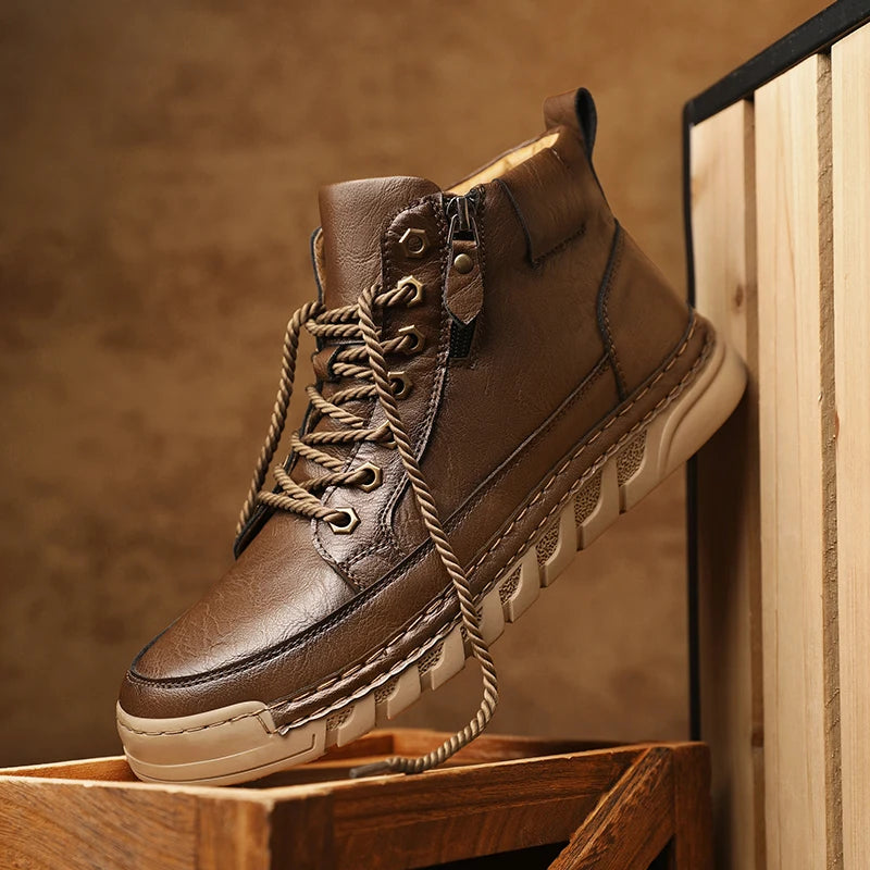 Men's High Top Leather Ankle Boots Comfortable Motorcycle Boots Non Slip Walking Training Shoes Botas Outdoor Treking Footwear
