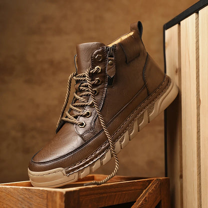 Men's High Top Leather Ankle Boots Comfortable Motorcycle Boots Non Slip Walking Training Shoes Botas Outdoor Treking Footwear