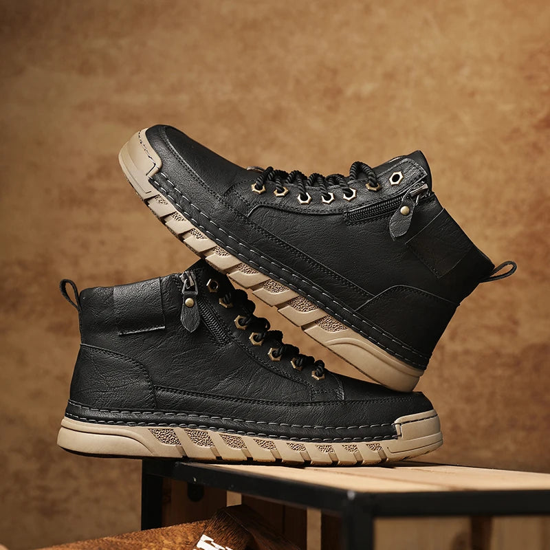 Men's High Top Leather Ankle Boots Comfortable Motorcycle Boots Non Slip Walking Training Shoes Botas Outdoor Treking Footwear