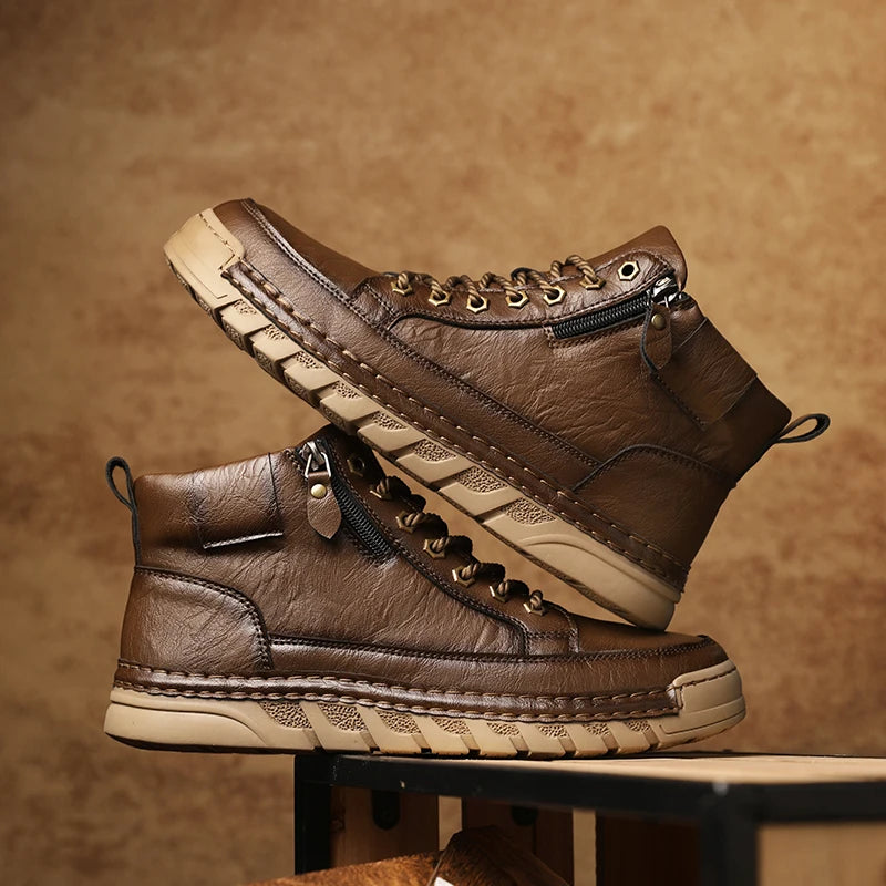 Men's High Top Leather Ankle Boots Comfortable Motorcycle Boots Non Slip Walking Training Shoes Botas Outdoor Treking Footwear