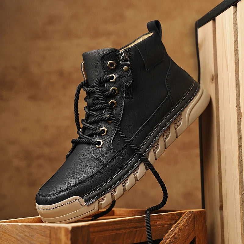 Men's High Top Leather Ankle Boots Comfortable Motorcycle Boots Non Slip Walking Training Shoes Botas Outdoor Treking Footwear